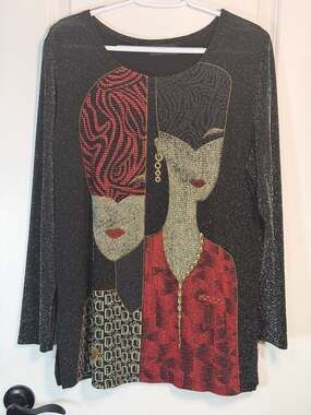 Vintage Ki Meng Art Deco Faces Glitter Knit Metallic Top Made in Korea